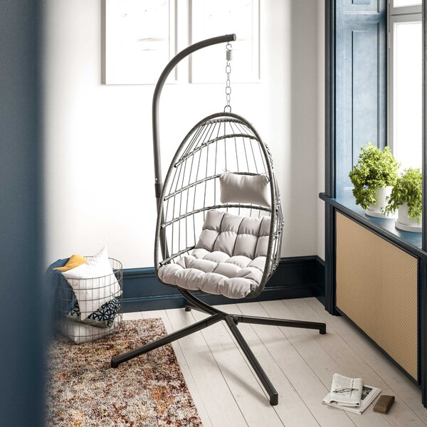 Flash Furniture Natural Hanging Egg Chair with Cushions and Stand SDA-AD608001-GY-GG - main